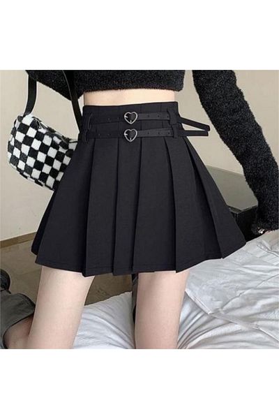 Köstebek Black Double Heart Belted Pleated Skirt