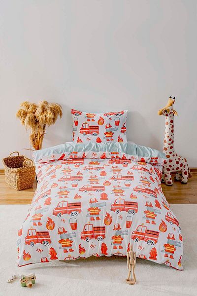 Rivaİstanbul Fire Truck Double Sided Children's Duvet Cover Set Cotton