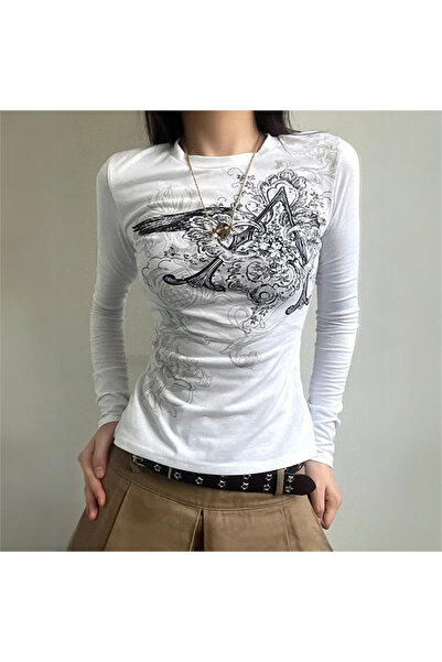 Köstebek White Vintage Punk Patterned Long Sleeve Crop