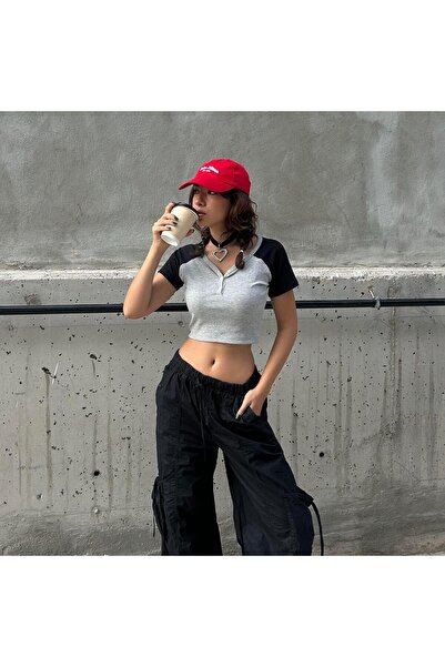 Köstebek Gray Melange Black Crop - Raglan Buttoned, Short Sleeve