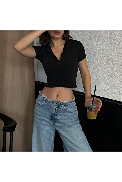 Köstebek Crop cu mânecă scurtă cu jumătate de fermoar cu gât negru