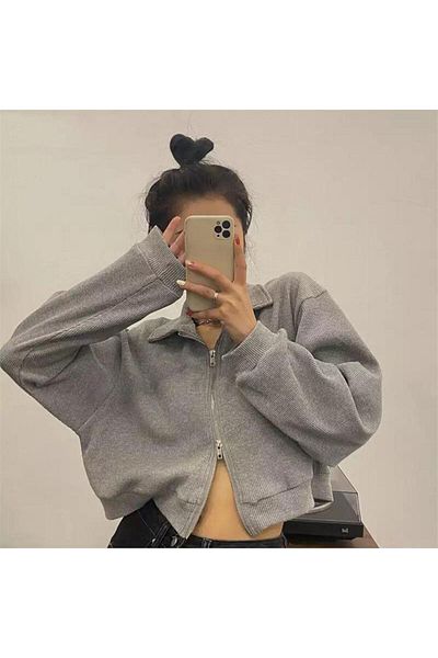 Köstebek Cardigan crop cu fermoar, gri Melange, cu guler