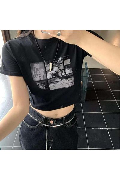Köstebek Harajuku Fashion Horror Collage Tricou pe jumătate negru