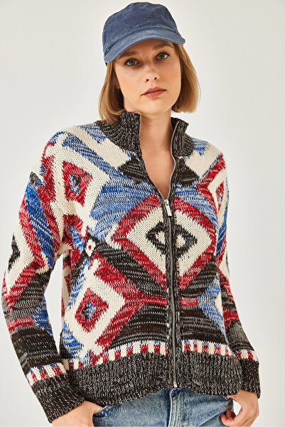 Bianco Lucci Kadın Fermuarlı Desenli Triko Hırka 20246951