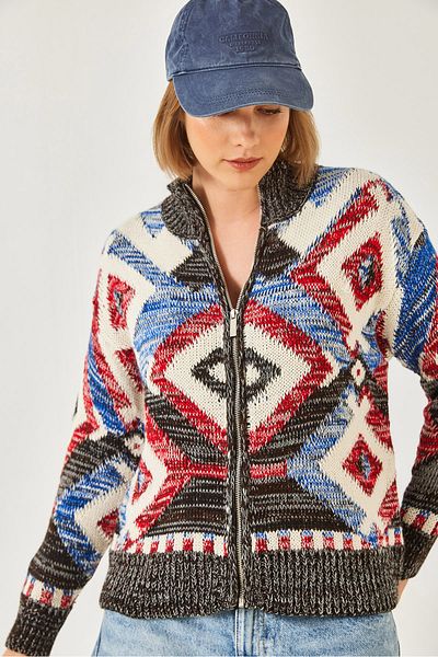 Bianco Lucci Women's Zippered Patterned Knitwear Cardigan 20246951