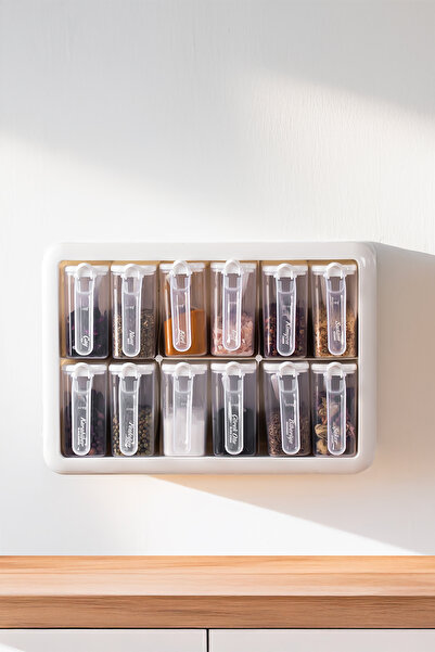 Porsima 1168 Model Random Set of 12 - Seasoning Storage Container with Stand, Adhesive and Spoon Lid - White