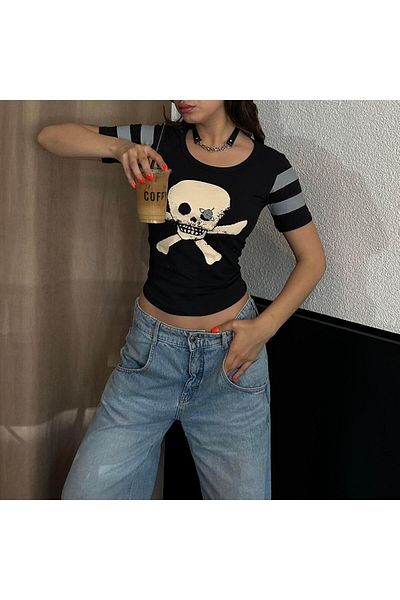 Köstebek Black Harajuku Fashion Oldskull Short Sleeve Crop