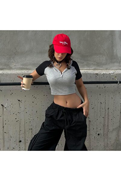 Köstebek Gray Melange Black Crop - Raglan Buttoned, Short Sleeve