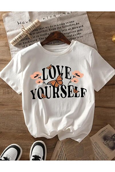 caddekombin Λευκό μπλουζάκι από βαμβακερό στρογγυλό λαιμόκοψη με στάμπα Love ...