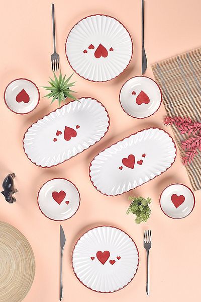 ŞURA MUTFAK Love Series Breakfast Set for 2 People 8 Pieces Heart Pattern