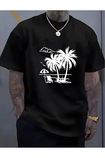 caddekombin Tricou negru din bumbac cu guler rotund cu imprimeu umbrelă de pa...