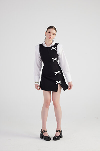 HOLLY LOLLY Kurdele Detaylı Yırtmaçlı Mini Nicola Elbise Siyah