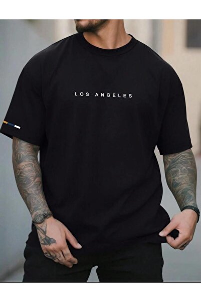 caddekombin Μαύρο μπλουζάκι Losangeles 3 Line με στάμπα από βαμβάκι με στρογγ...