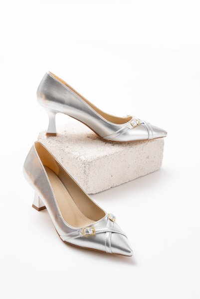 DURUNUN BUTİĞİ Angel Silver Cross Strap (7 cm) Pointed Toe Heeled Shoes