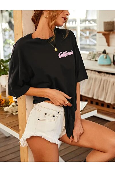 caddekombin Tricou negru din bumbac pieptănat, confortabil, imprimat în față ...