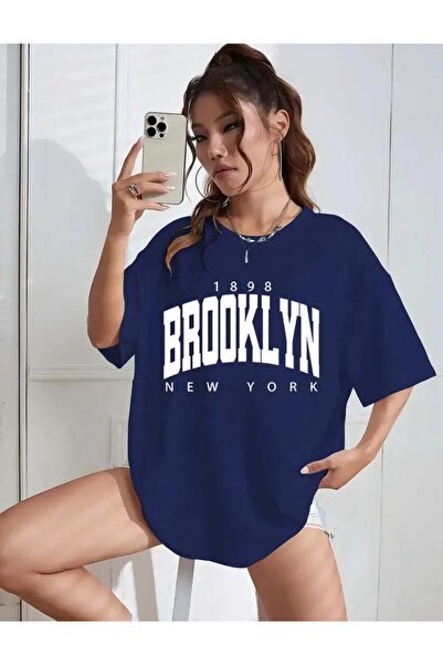 caddekombin Brooklyn 1898 Baskılı Pamuk Yuvarlak Yaka Lacivert T-shirt