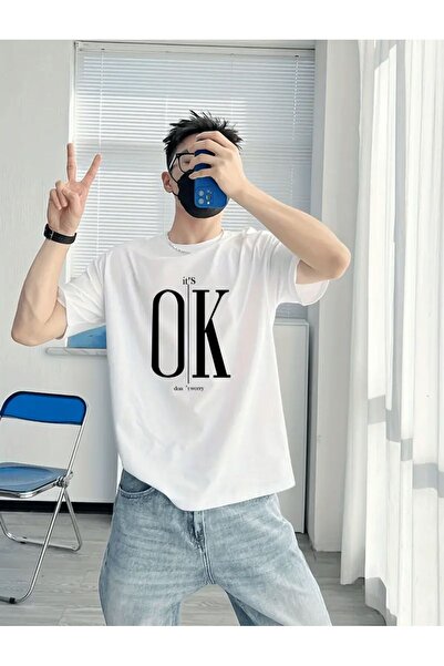 caddekombin Ανδρικό βαμβακερό μπλουζάκι με στρογγυλή λαιμόκοψη Ok Print