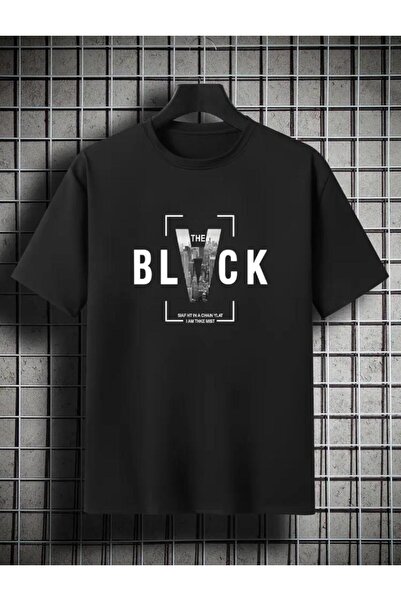 caddekombin Μαύρο μπλουζάκι Unisex με στάμπα από βαμβακερό στρογγυλό γιακά