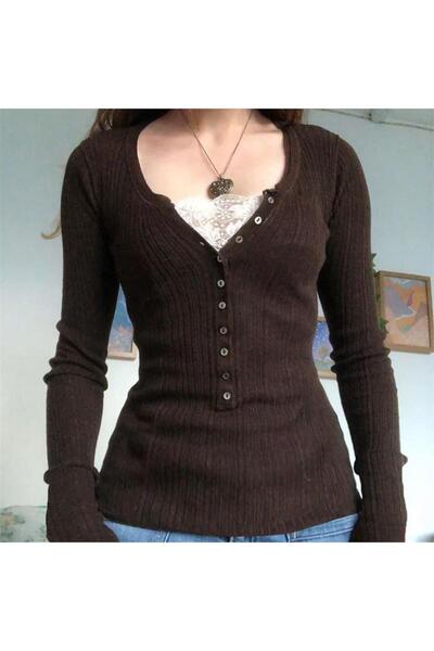 Köstebek Brown Button Detailed Lace Collar Long Sleeve Blouse