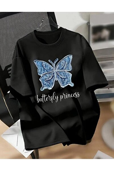 caddekombin Μπλουζάκι από βαμβακερό στρογγυλό λαιμόκοψη με στάμπα πεταλούδας ...