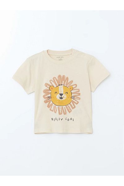 LC Waikiki Lcw Baby Beige Crew Neck Printed Baby Boy T-Shirt and Shorts 2-Piece