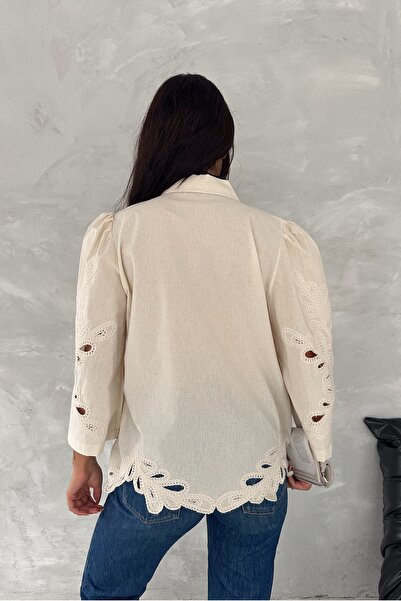 FEMELLE Women's Beige Fakir Sleeve Scallop Embroidered Shirt