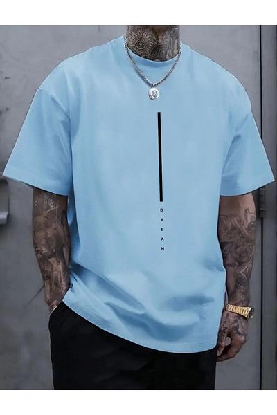 caddekombin Tricou albastru cu gât rotund din bumbac pieptănat cu imprimeu vertical Dream