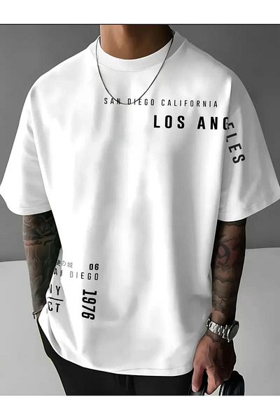 caddekombin Sandıego California Sleeve Printed Cotton Combed Round Neck White T-Shirt