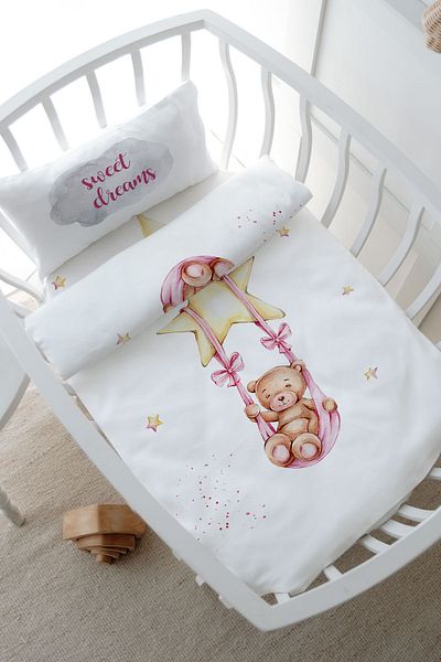 Tuğba Kuğu Pink Brown Bear Star Patterned Crib Duvet Cover Set - Mother's Side (60X100) - Iconic Series