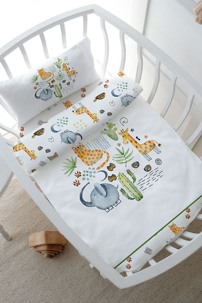 Tuğba Kuğu Mother's Side Crib Duvet Cover Set (60X100) - Iconic Series - Cactus and Cute Animals
