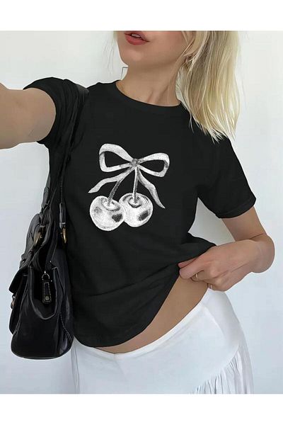 caddekombin Cherry Printed Printed Cotton Round Neck Black T-Shirt