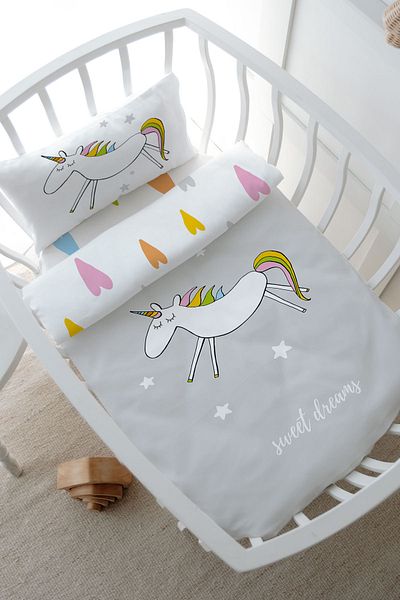 Tuğba Kuğu Mother's Side Crib Duvet Cover Set (60X100) - Pure Baby Series - Doodle Unicorn