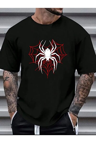 caddekombin Örümcek Ağı Baskılı Pamuk Yuvarlak Yaka Siyah T-shirt