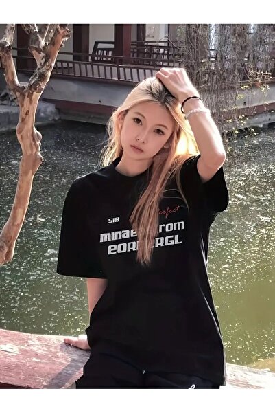 caddekombin Tricou negru cu gât rotund din bumbac pieptănat pentru femei cu i...