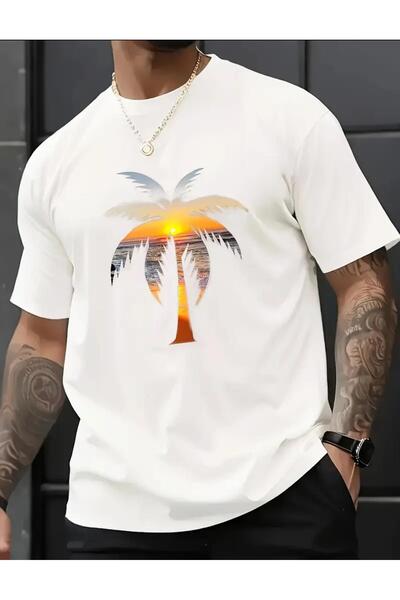 caddekombin Large Palm Tree Printed Cotton Combed Round Neck White T-Shirt