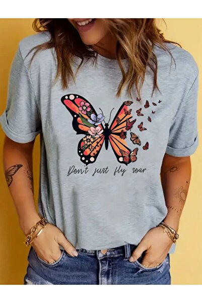 caddekombin Dont Just Baskılı Basic Rahat Kalıp Gri T-shirt