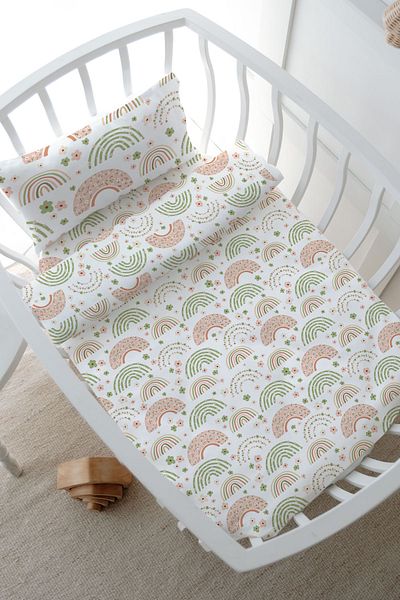 Tuğba Kuğu Mother's Side Crib Duvet Cover Set (60X100) - Iconic Series - Soft Floral Moon and Rainbow