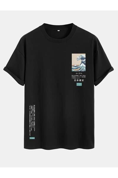 caddekombin Ocean Pattern Unisex Cotton Round Neck Black T-Shirt