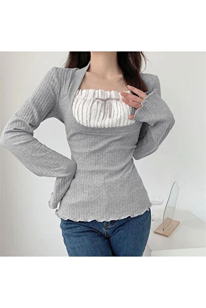 Köstebek Gri Melange cu mâneci spaniole guler din dantelă cu mânecă lungă