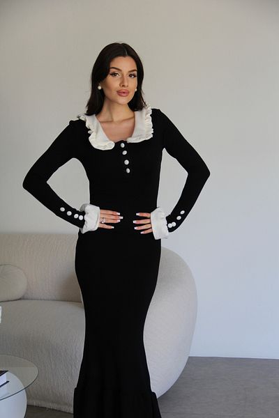 Julidress Rochie din tricotaje din bumbac premium cu guler pentru bebeluși cu volan și detaliu alb cu nasturi