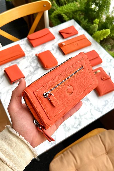 CüzCan Boliva Orange Genuine Leather Women's Wallet with Zipper and Magnet