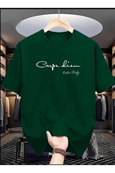 caddekombin Carpe Baskılı Pamuk Penye Yuvarlak Yaka Yeşil T-shirt