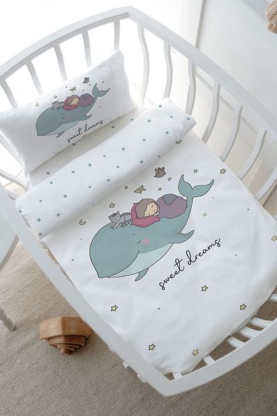 Tuğba Kuğu Pure Baby Park Bed Duvet Cover Set - 80X120, Whale and Children