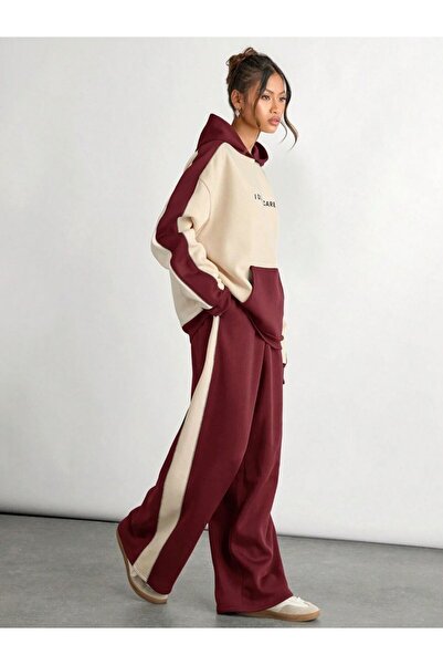 Trendseninle Burgundy Beige Women's and Men's Tracksuit Set - Couple Combination 2 Pieces