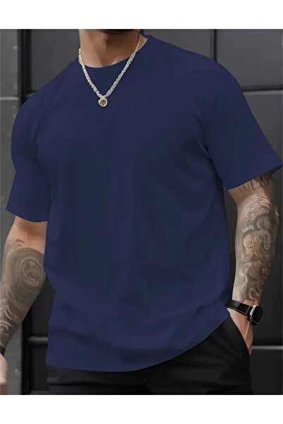 caddekombin Basic Rahat Kesim Pamuk Penye Yuvarlak Yaka Lacivert  T-shirt