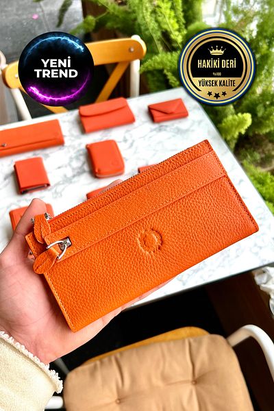 CüzCan Fresha Orange Genuine Leather Women's Wallet with Zipper and Hand Snap