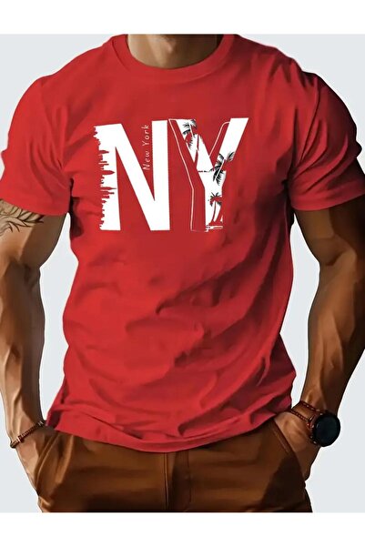 caddekombin NY Newyork με τύπωμα Βασικό μπλουζάκι από βαμβακερό χτενισμένο βα...