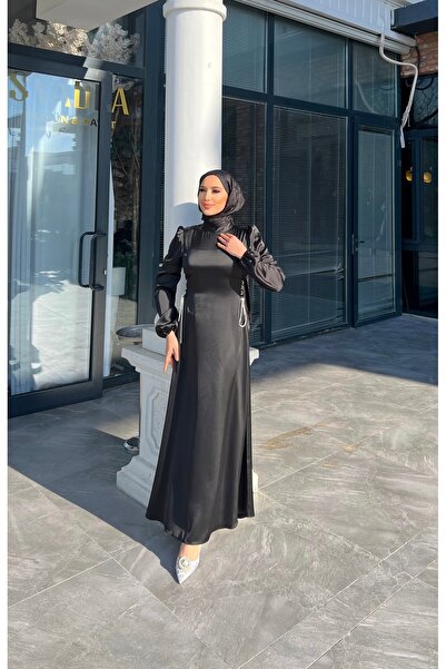 dezer Yan taşlı zincir detay saten elbise/abiye