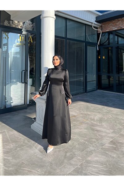 dezer Yan taşlı zincir detay saten elbise/abiye