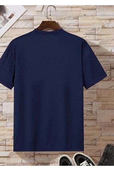 caddekombin Black Printed Unisex Cotton Round Neck Navy Blue T-Shirt